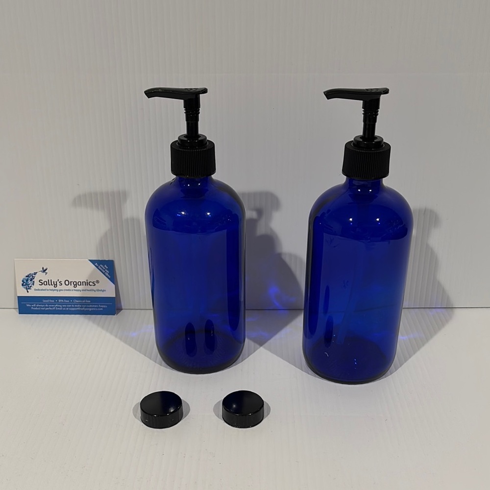 Sally's Organics 2 Pack Blue Grass Refillable Bottles Lead Free Black Soap Pump